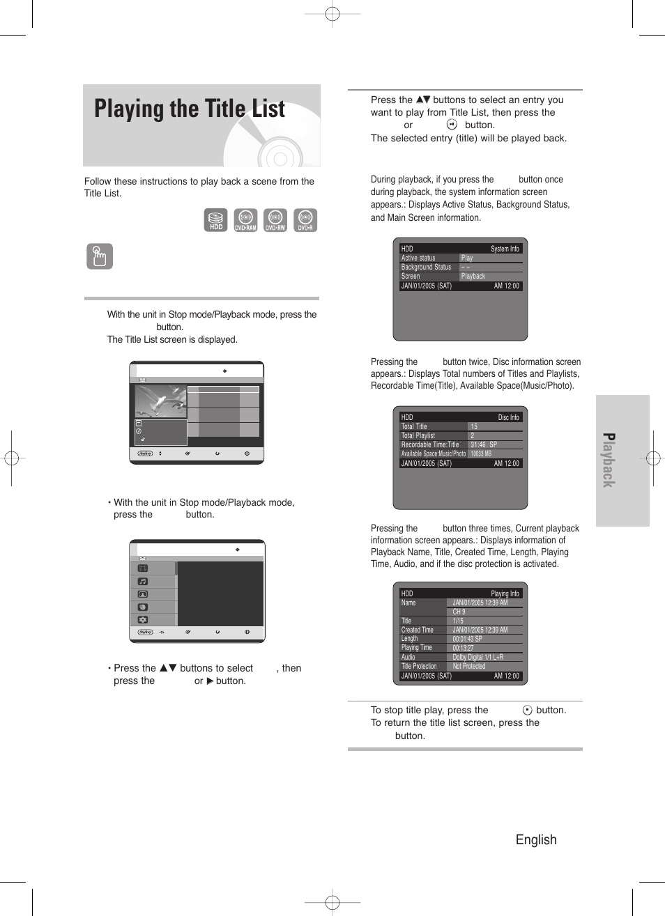 Playing the title list, Playback, English - 55 | Using the title list button | Samsung DVD-HR720/ User Manual | Page 55 / 168