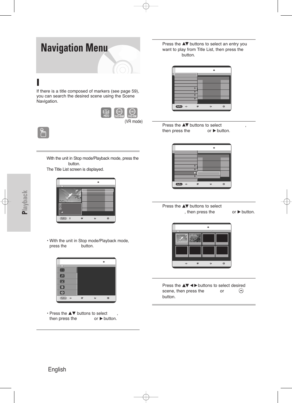 Navigation menu, Playback, 56 - english | Scene navigation, Using the title list button, Using the menu button, Press the, Vr mode) | Samsung DVD-HR720/ User Manual | Page 56 / 168