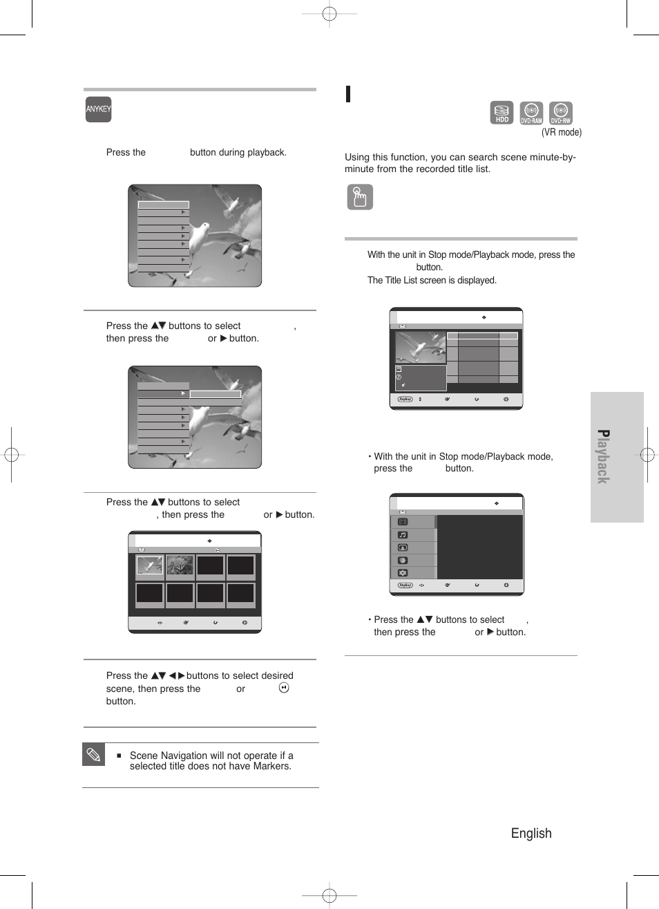 Playback, English - 57, Time navigation | Using the title list button, Using the anykey button, Using the menu button, Press the, Vr mode) | Samsung DVD-HR720/ User Manual | Page 57 / 168