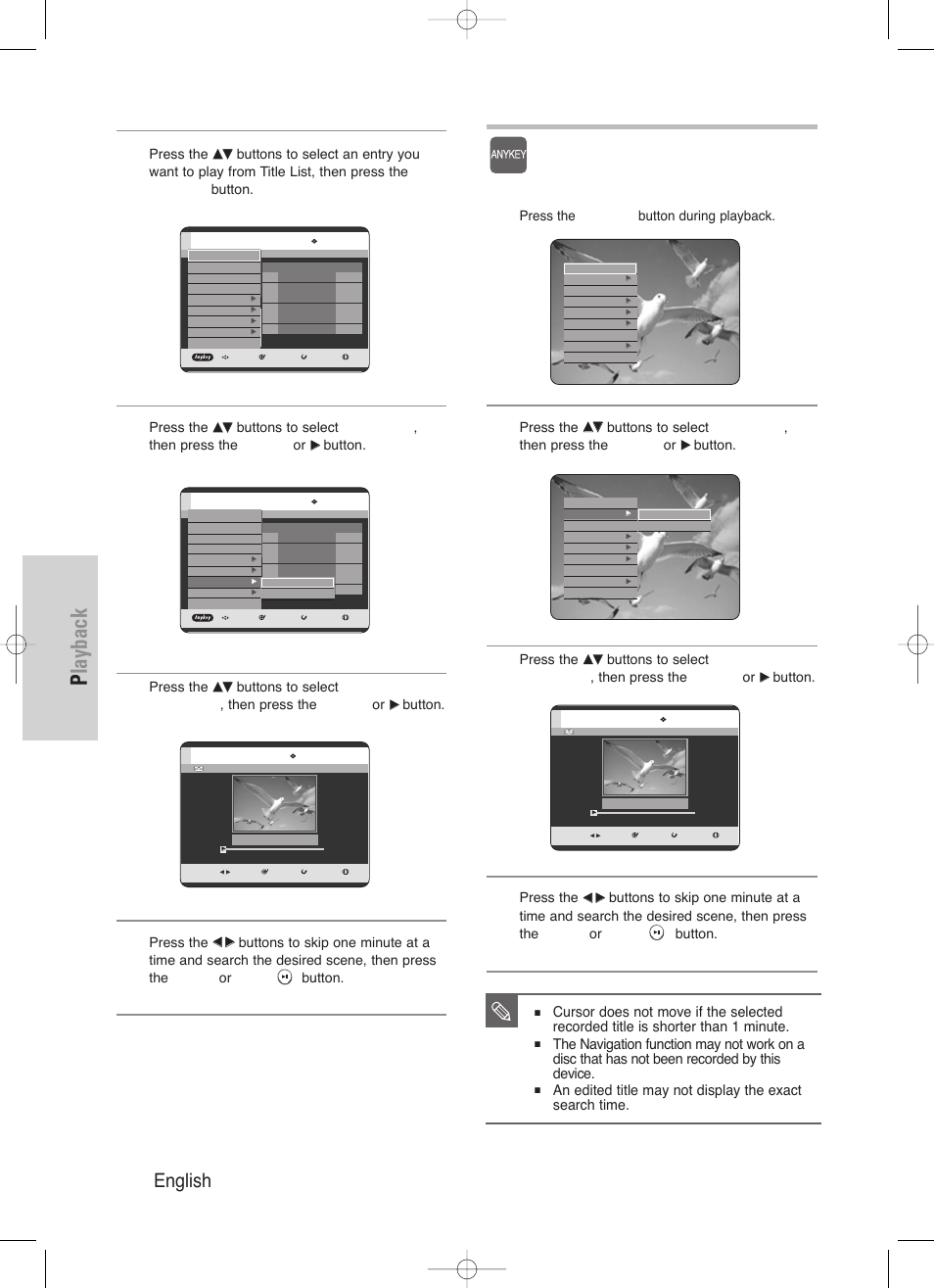 Playback, 58 - english, Using the anykey button | Samsung DVD-HR720/ User Manual | Page 58 / 168