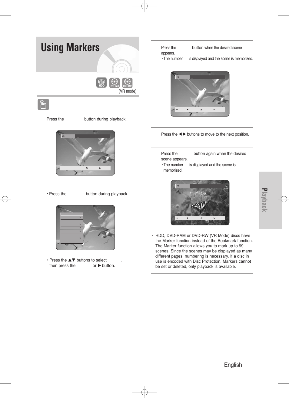 Using markers, Playback, English - 59 | Using the marker button | Samsung DVD-HR720/ User Manual | Page 59 / 168