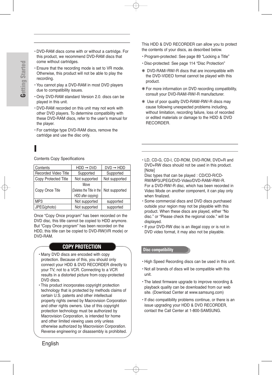 Disc copy, Getting started, 6 - english | Copy protection | Samsung DVD-HR720/ User Manual | Page 6 / 168