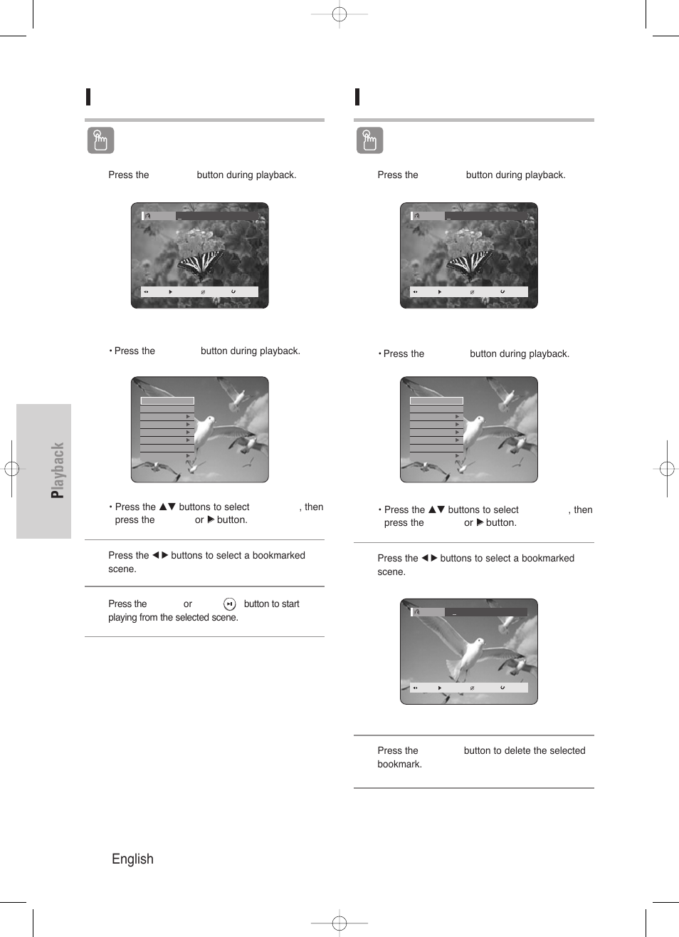 Playback, 62 - english, Playing back a bookmark | Clearing a bookmark, Using the marker button | Samsung DVD-HR720/ User Manual | Page 62 / 168