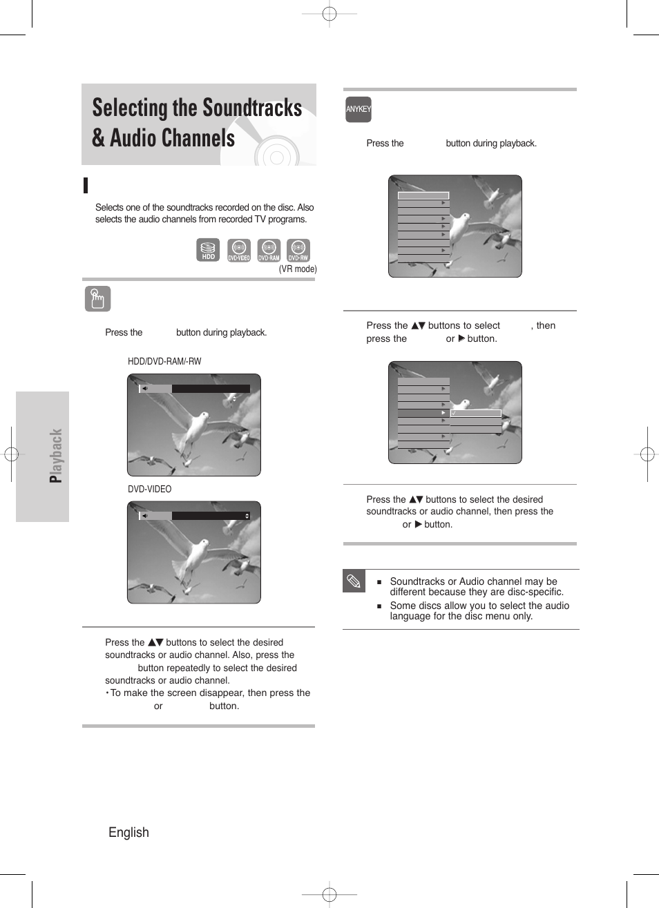 Selecting the soundtracks & audio channels, Playback, 64 - english | Selecting the audio, Using the audio button, Using the anykey button | Samsung DVD-HR720/ User Manual | Page 64 / 168