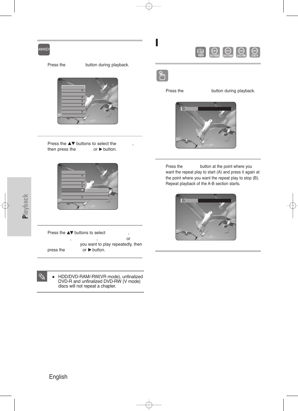 Playback, 66 - english, Repeat a-b | Using the anykey button, Using the repeat a-b button | Samsung DVD-HR720/ User Manual | Page 66 / 168