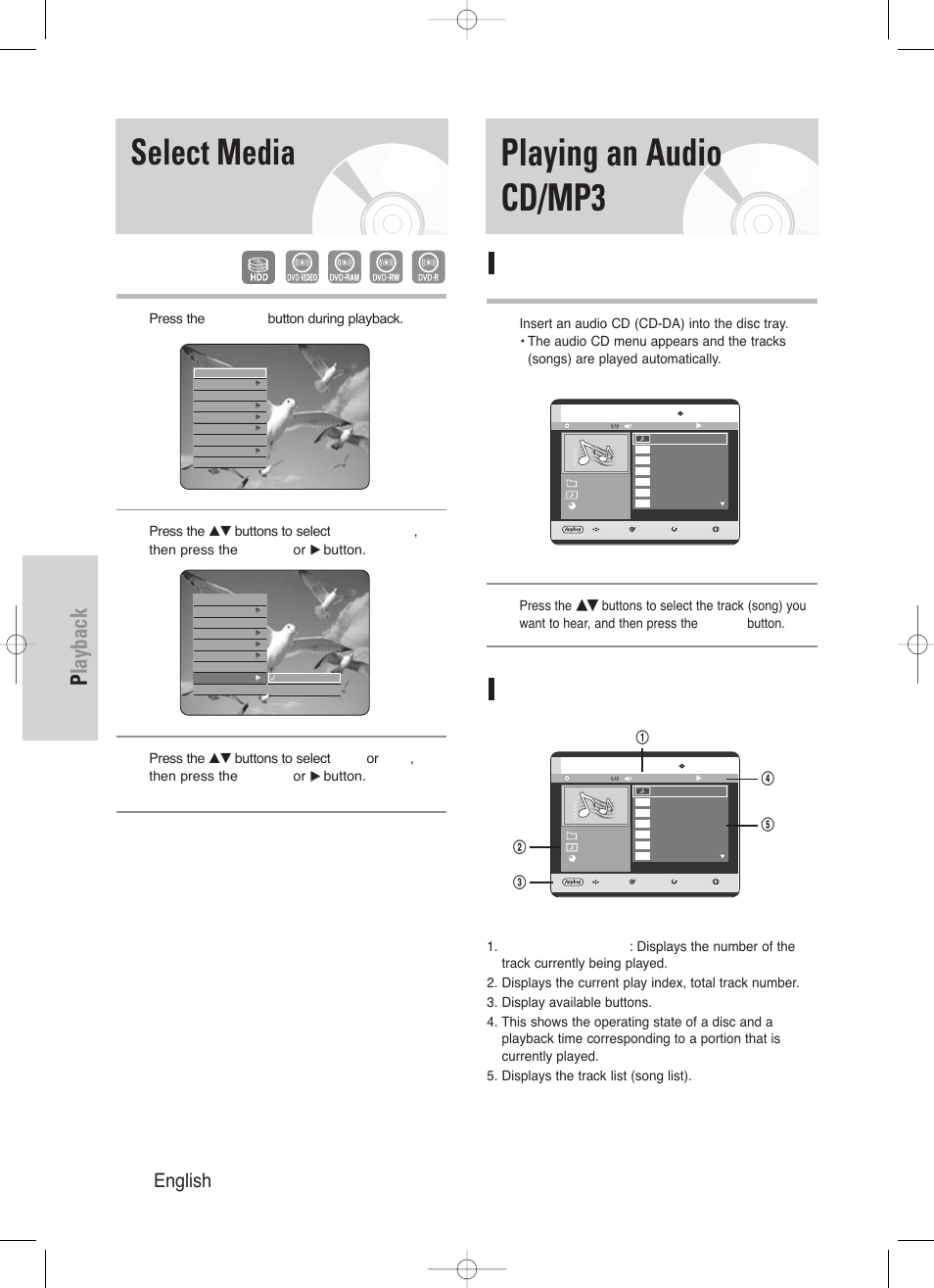 Select media, Playing an audio cd/mp3, Playback | 68 - english, Playing an audio cd(cd-da), Audio cd(cd-da) screen elements | Samsung DVD-HR720/ User Manual | Page 68 / 168