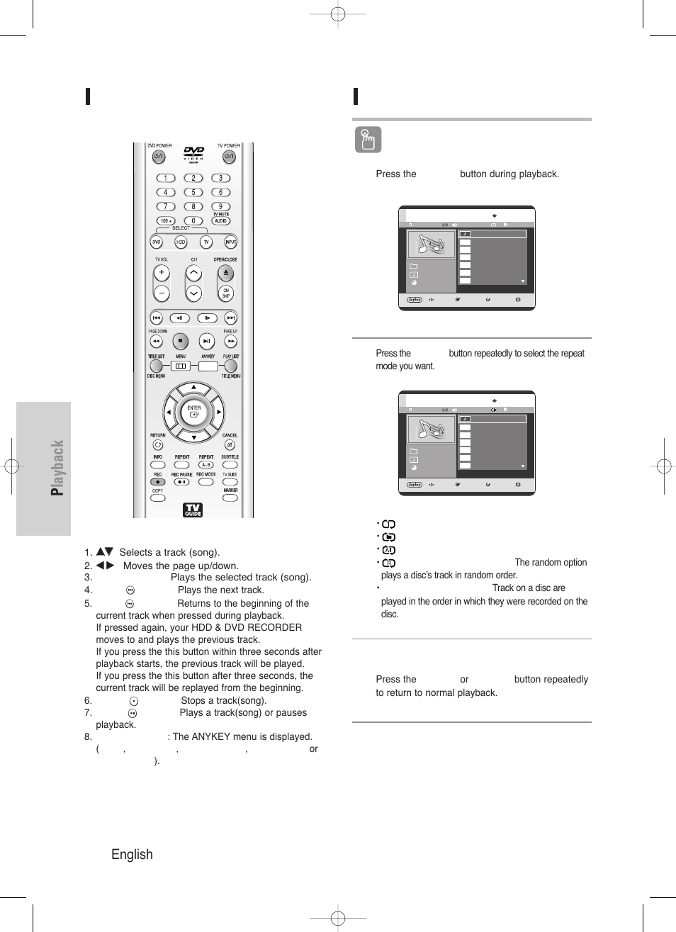 Playback, 70 - english, Repeat cd (cd-da) & mp3 | Using the repeat button | Samsung DVD-HR720/ User Manual | Page 70 / 168