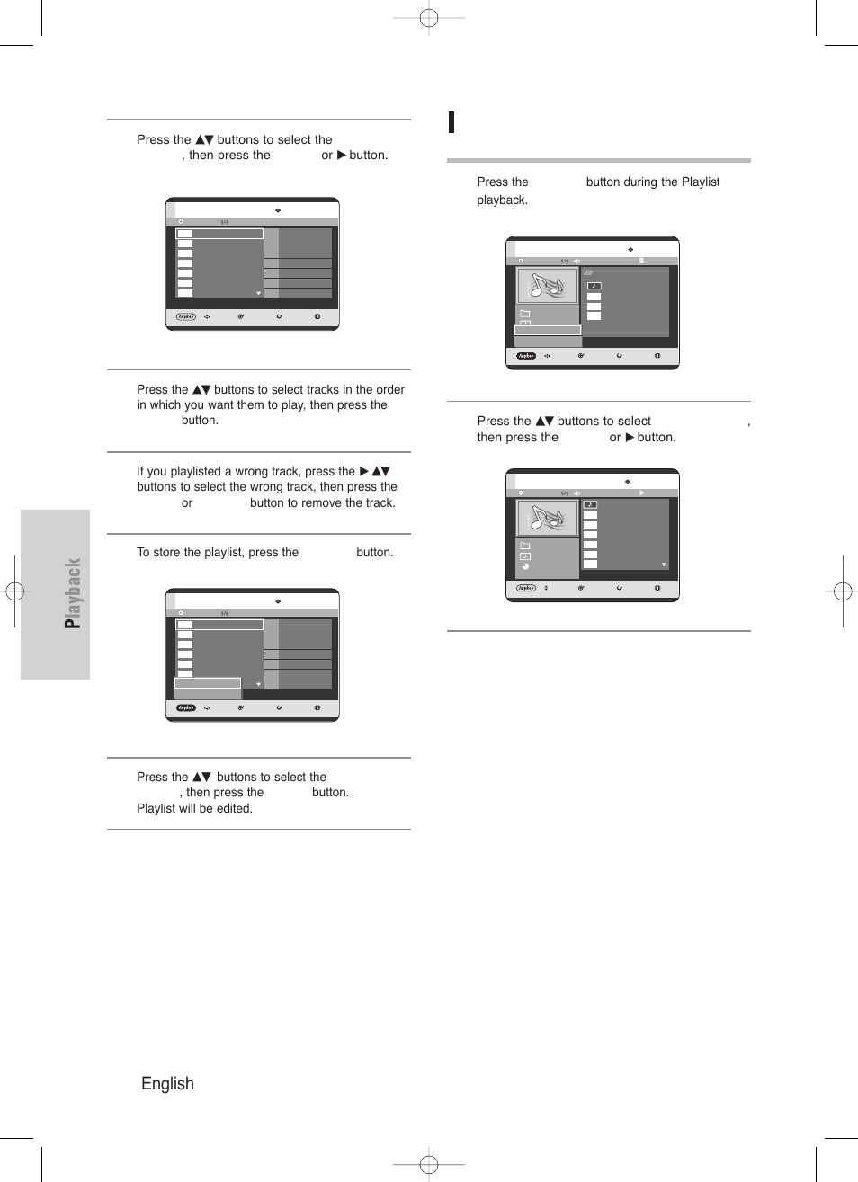 Playback, 74 - english, Go to music list | Press the, Button, If you playlisted a wrong track, press the | Samsung DVD-HR720/ User Manual | Page 74 / 168