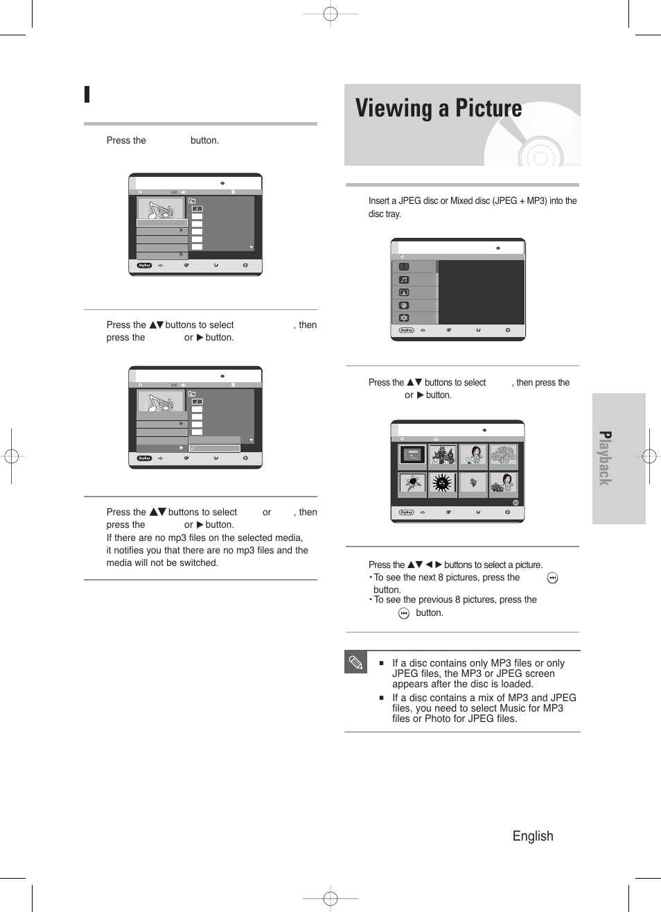 Viewing a picture, Playback, English - 75 | Select media (mp3) | Samsung DVD-HR720/ User Manual | Page 75 / 168