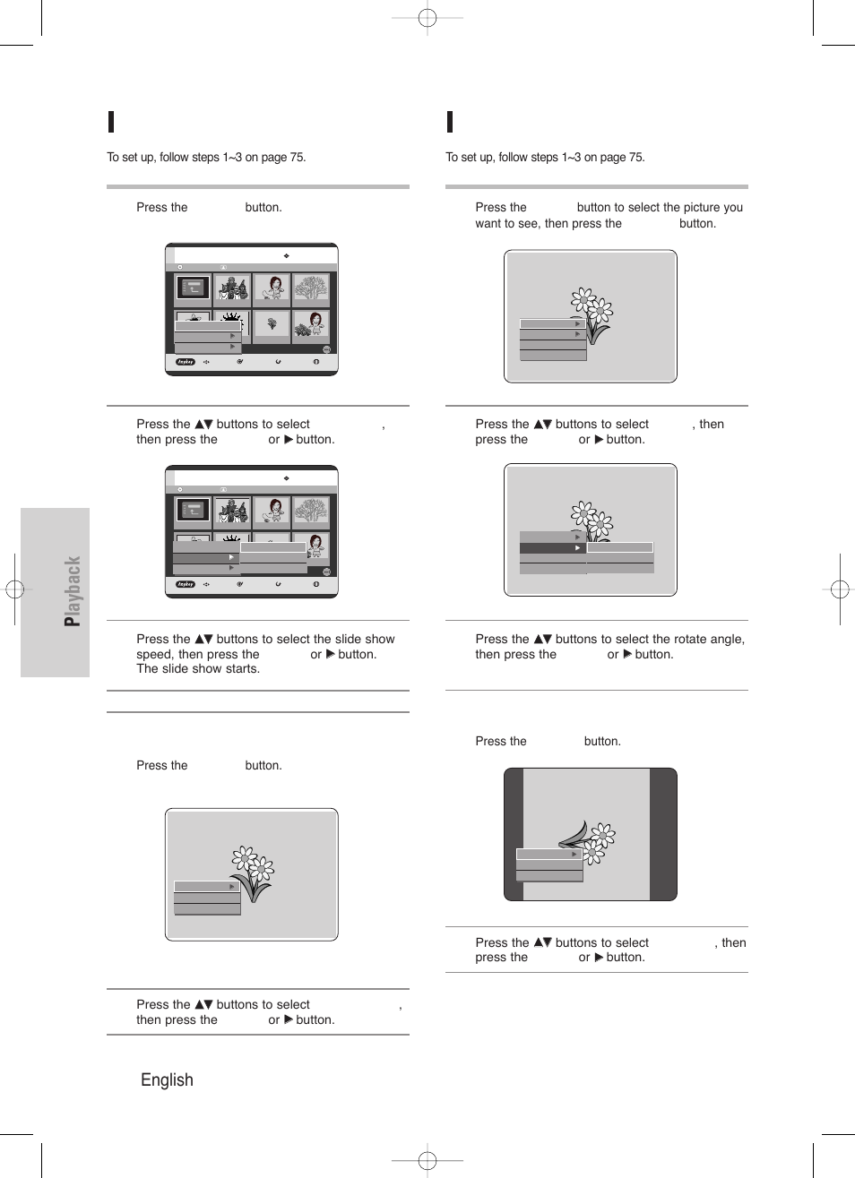 Playback, 76 - english, Slide show | Rotate | Samsung DVD-HR720/ User Manual | Page 76 / 168