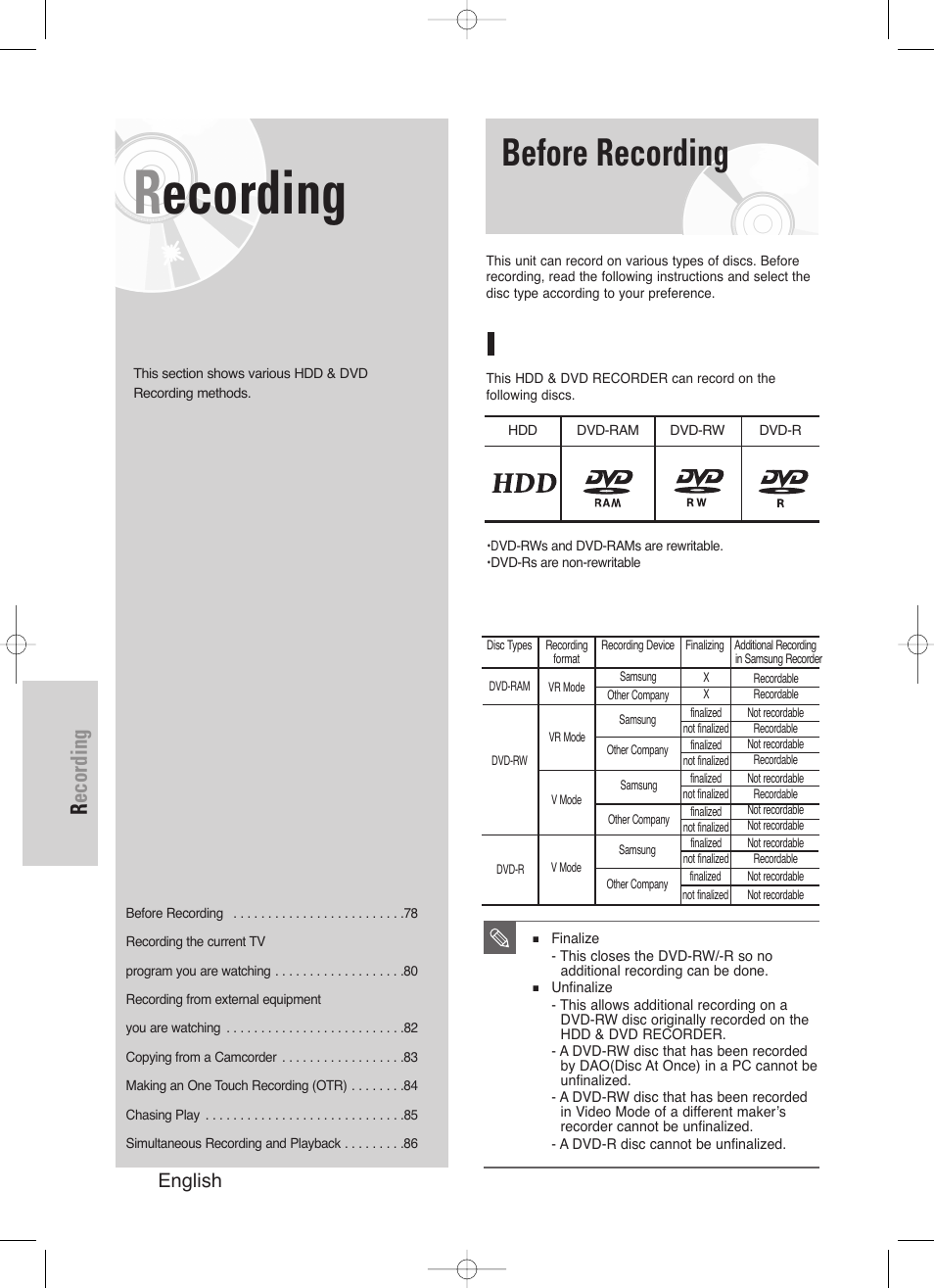 Recording, Before recording, 78 - english | Recordable discs | Samsung DVD-HR720/ User Manual | Page 78 / 168