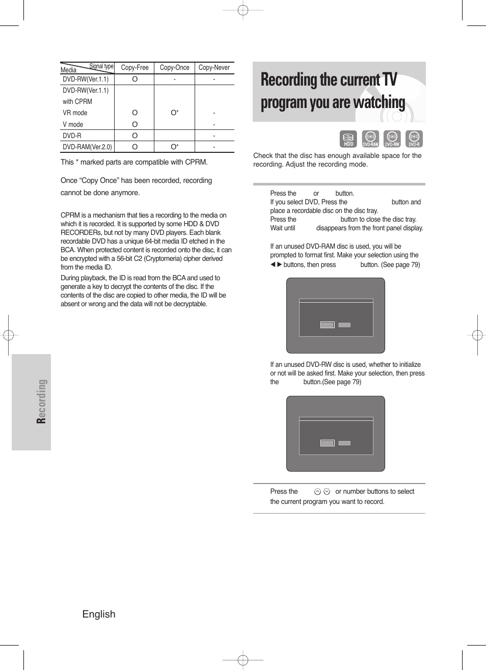 Recording the current tv program you are watching, Recording, 80 - english | Samsung DVD-HR720/ User Manual | Page 80 / 168