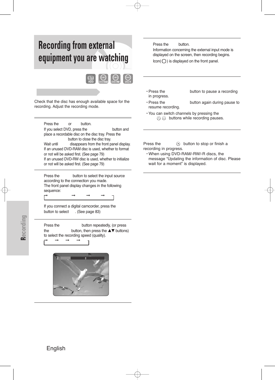 Recording from external equipment you are watching, Recording, 82 - english | Samsung DVD-HR720/ User Manual | Page 82 / 168