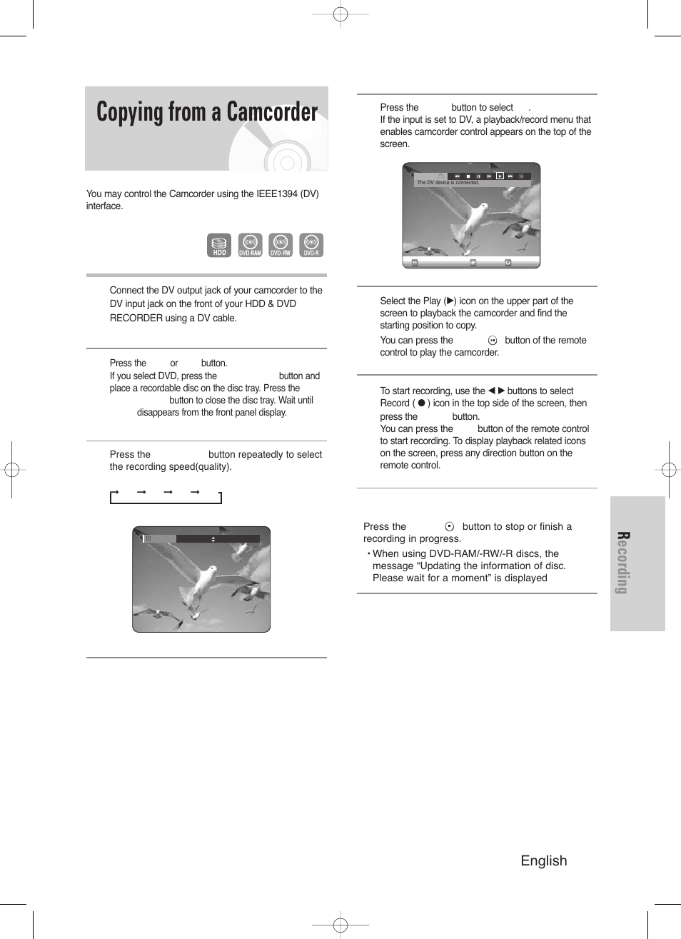 Copying from a camcorder, Recording, English - 83 | Samsung DVD-HR720/ User Manual | Page 83 / 168