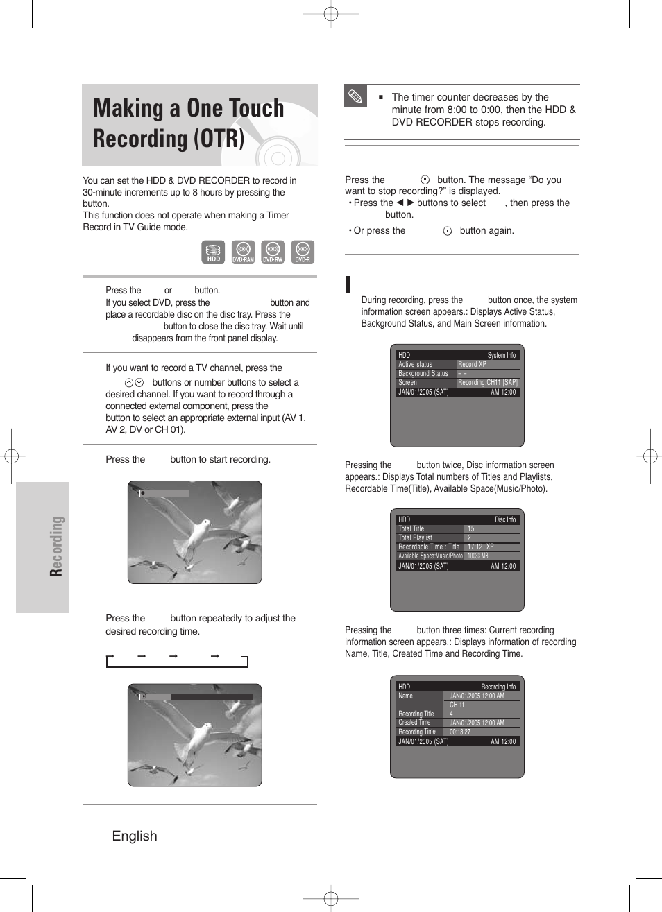 Making a one touch recording (otr), Recording, 84 - english | About info button | Samsung DVD-HR720/ User Manual | Page 84 / 168