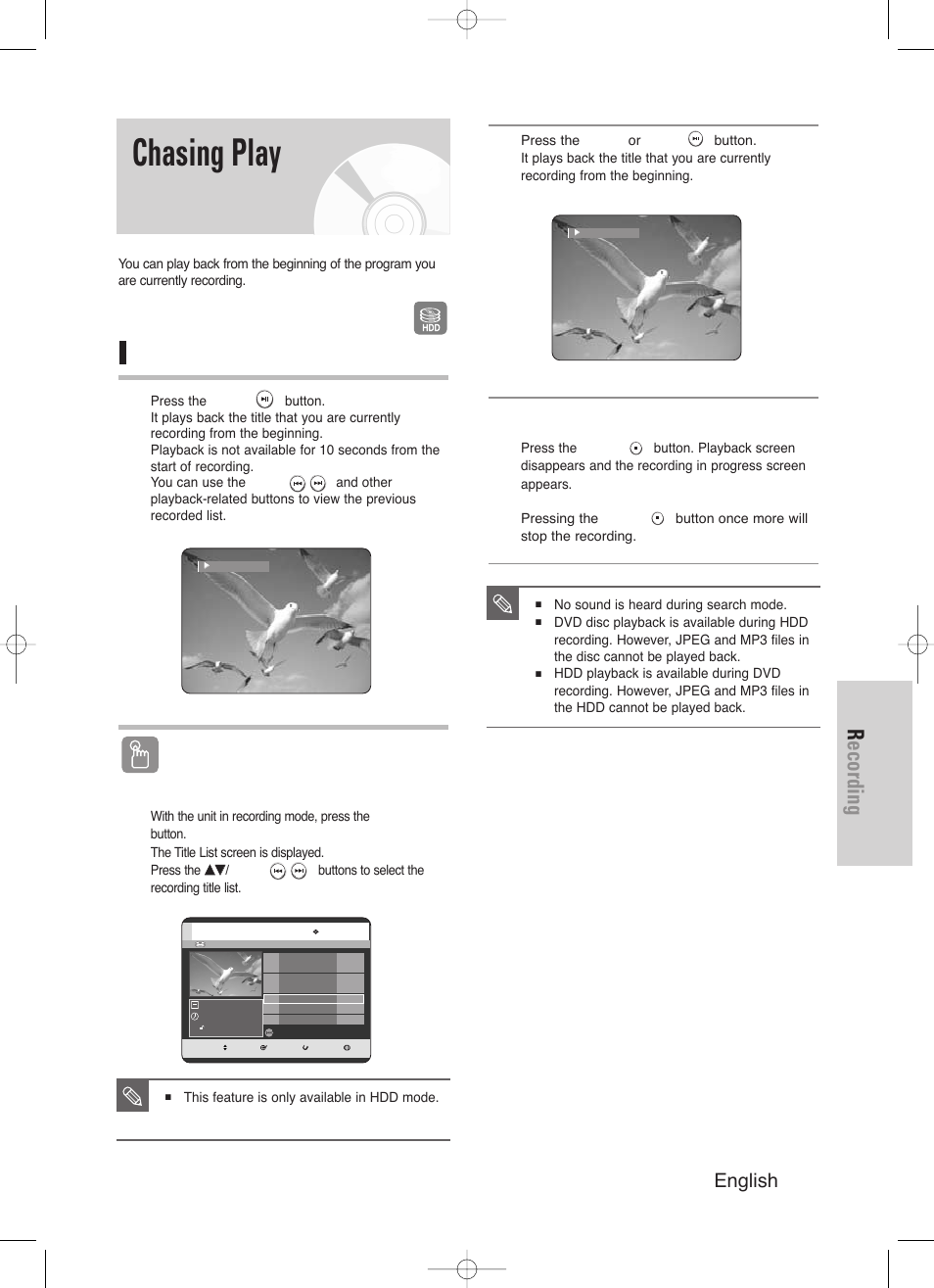 Chasing play, Recording, English - 85 | While recording, Using the title list button | Samsung DVD-HR720/ User Manual | Page 85 / 168