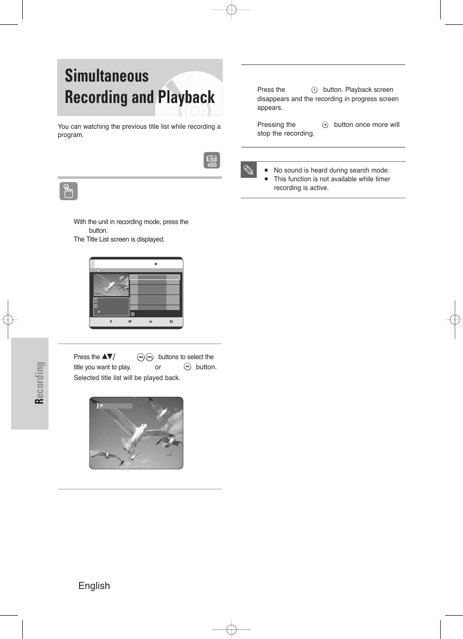 Simultaneous recording and playback, Recording, 86 - english | Using the title list button | Samsung DVD-HR720/ User Manual | Page 86 / 168