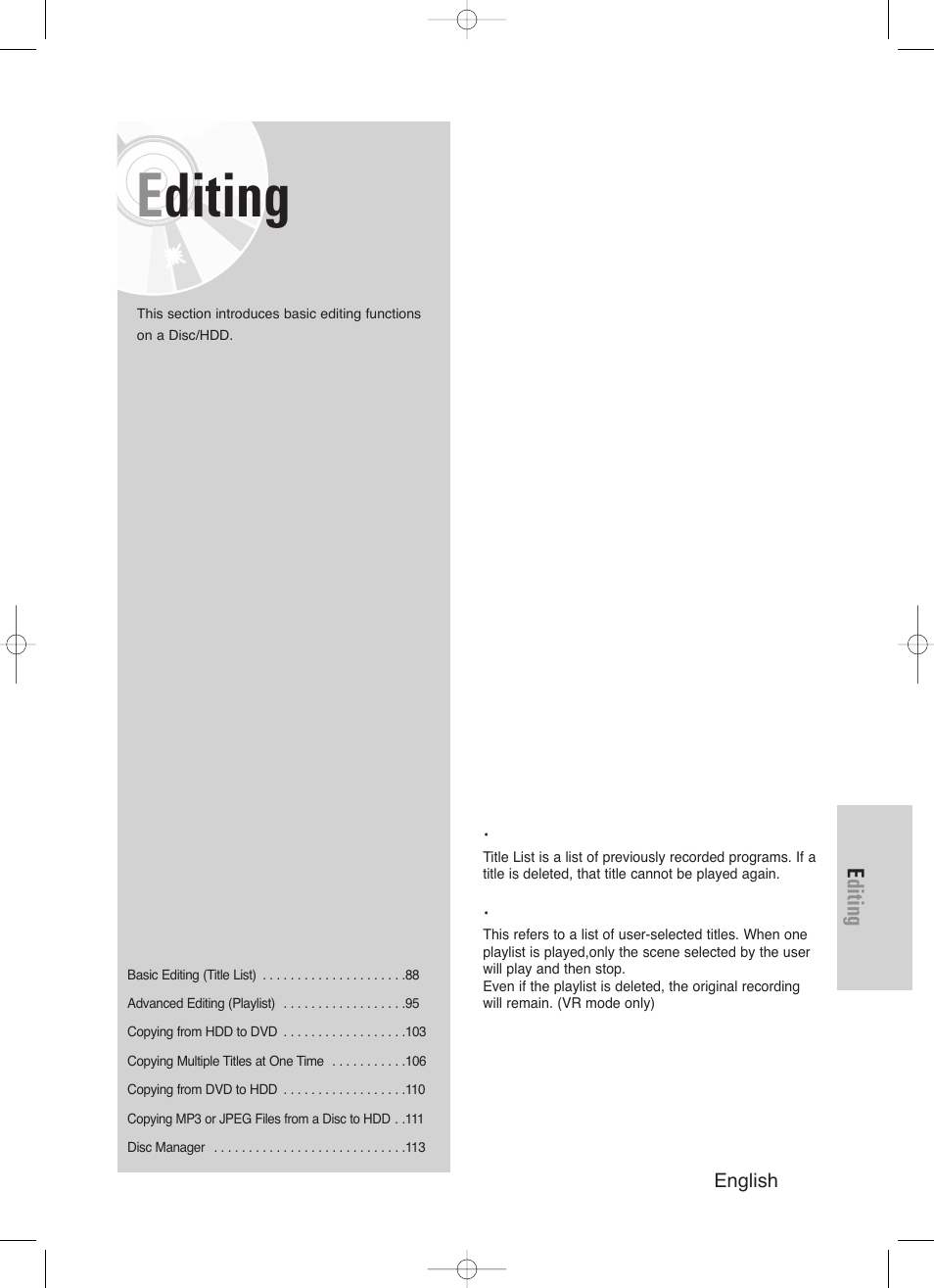 Editing | Samsung DVD-HR720/ User Manual | Page 87 / 168