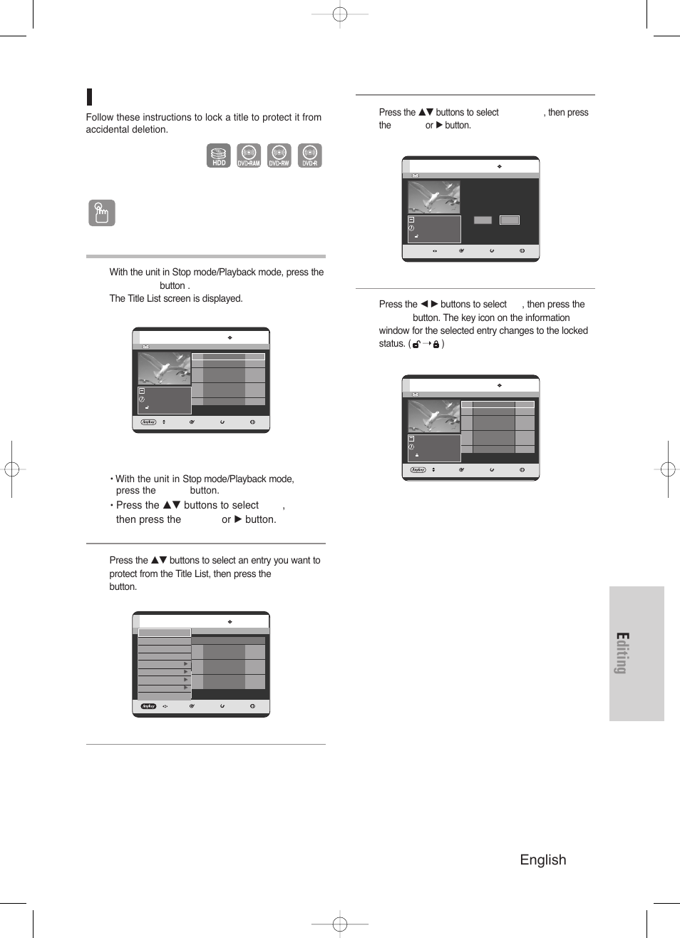 Editing, English - 89, Locking (protecting) a title | Using the title list button, Using the menu button | Samsung DVD-HR720/ User Manual | Page 89 / 168