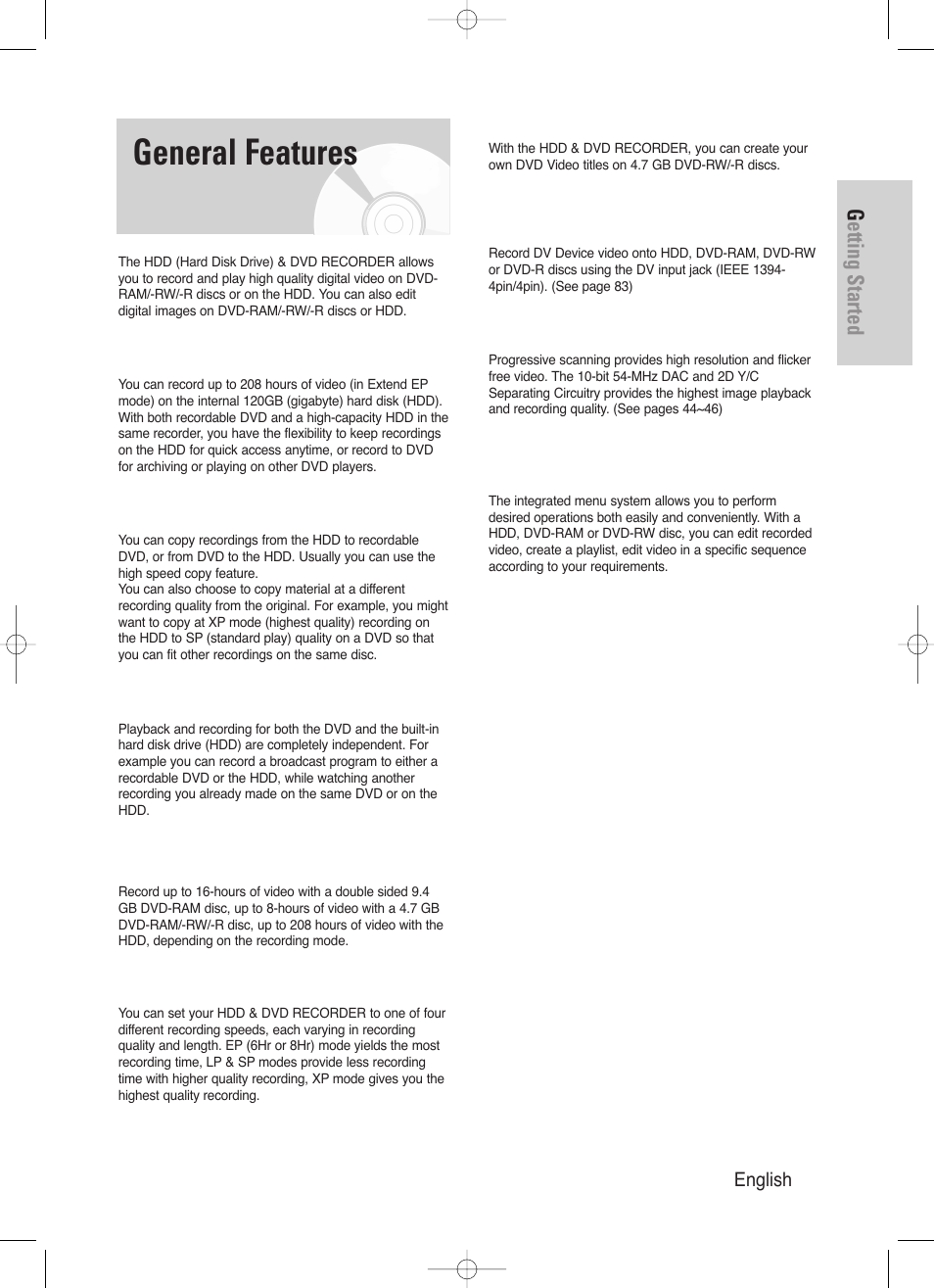 General features, Getting started, English - 9 | Samsung DVD-HR720/ User Manual | Page 9 / 168