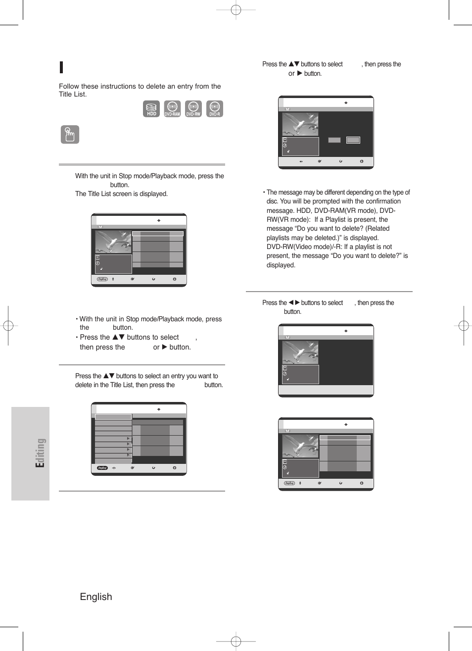 Editing, 9 0 - english, Deleting a title | Using the title list button, Using the menu button, Enter or | Samsung DVD-HR720/ User Manual | Page 90 / 168