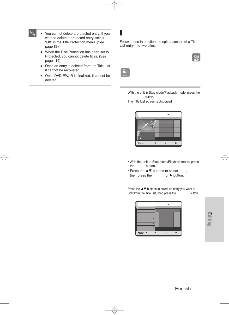 Editing, English - 91, Using the title list button | Using the menu button, Once dvd-rw/-r is finalized, it cannot be deleted | Samsung DVD-HR720/ User Manual | Page 91 / 168