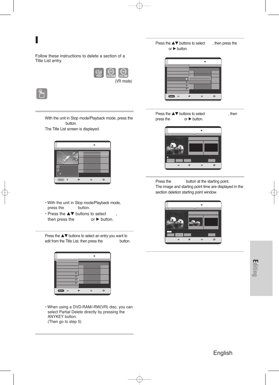 Editing, English - 93, Using the title list button | Using the menu button, Vr mode) | Samsung DVD-HR720/ User Manual | Page 93 / 168