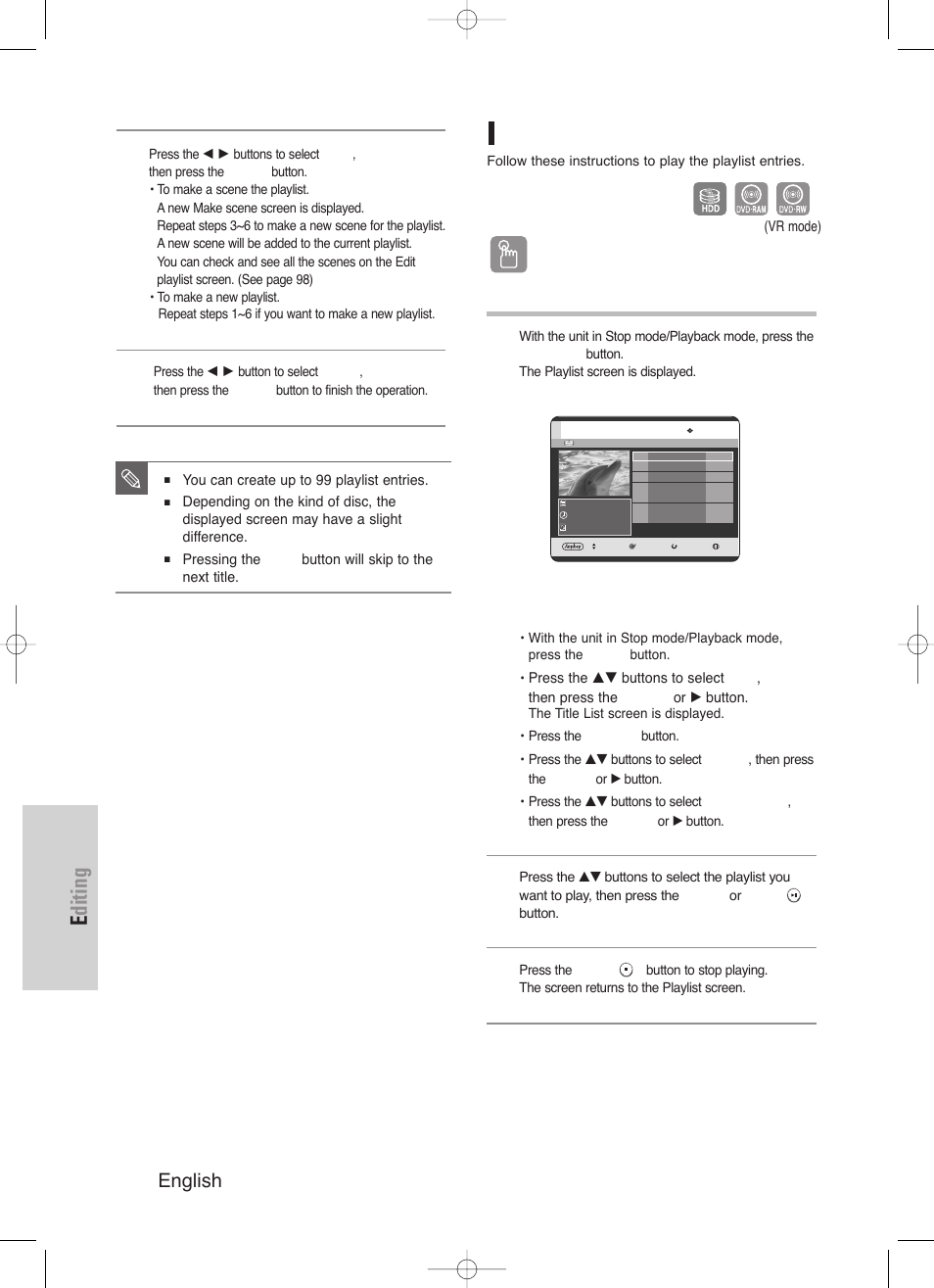 Editing, 96 - english, Playing entries in the playlist | Samsung DVD-HR720/ User Manual | Page 96 / 168