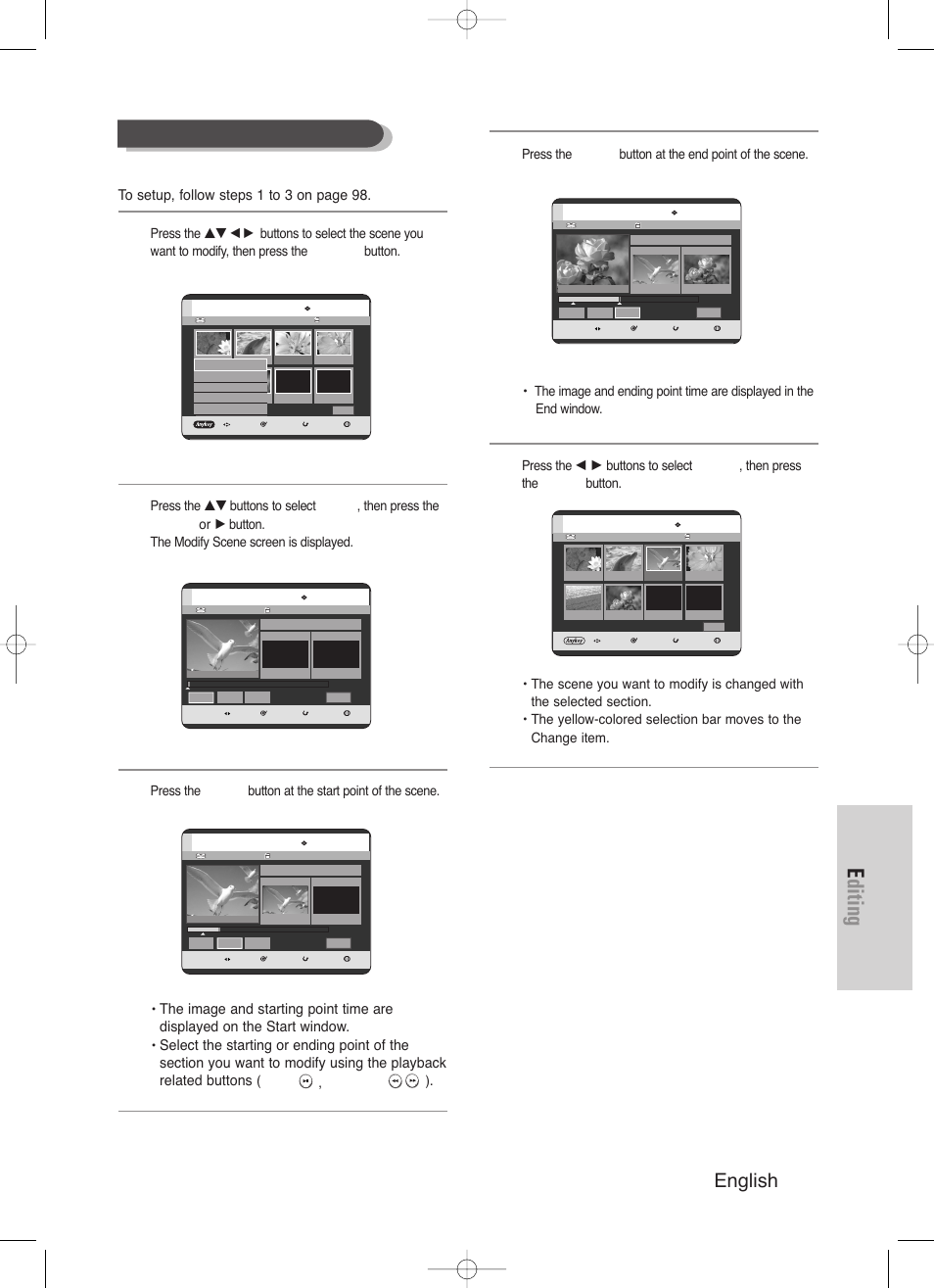 Editing, English - 99, Modifying a scene (replacing a scene) | Play( ) , search | Samsung DVD-HR720/ User Manual | Page 99 / 168