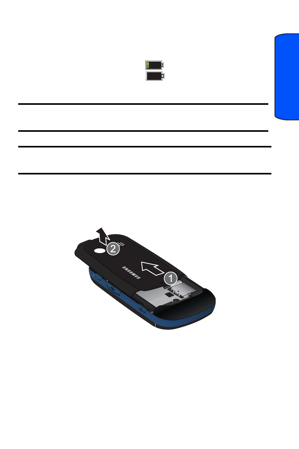 Using your phone’s battery and charger, Battery capacity, Installing the battery | Get tin g started | Samsung Entro BMC-M350 User Manual | Page 25 / 118