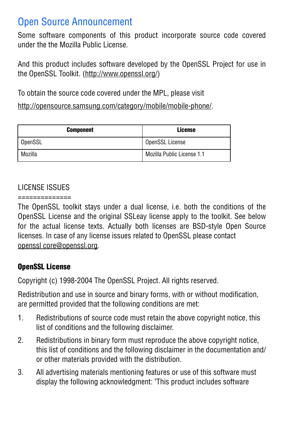 Open source announcement | Samsung Entro BMC-M350 User Manual | Page 4 / 118