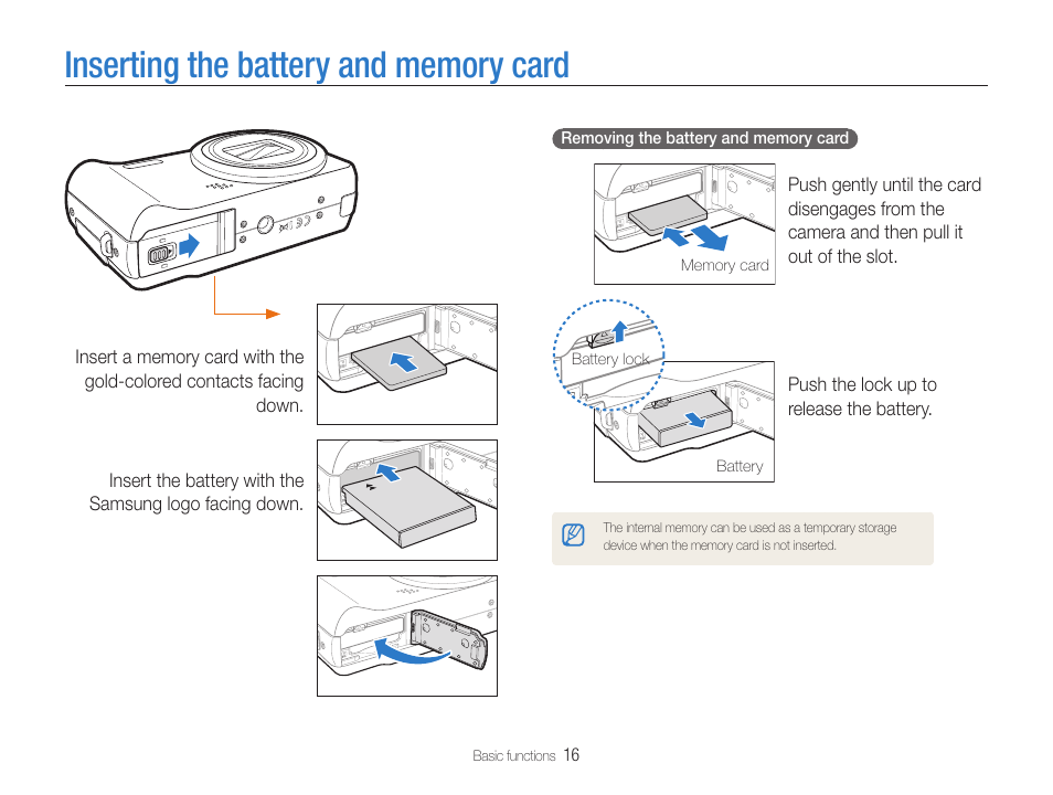 Inserting the battery and memory card, Inserting the battery and memory card …………………16 | Samsung WB600 User Manual | Page 17 / 109