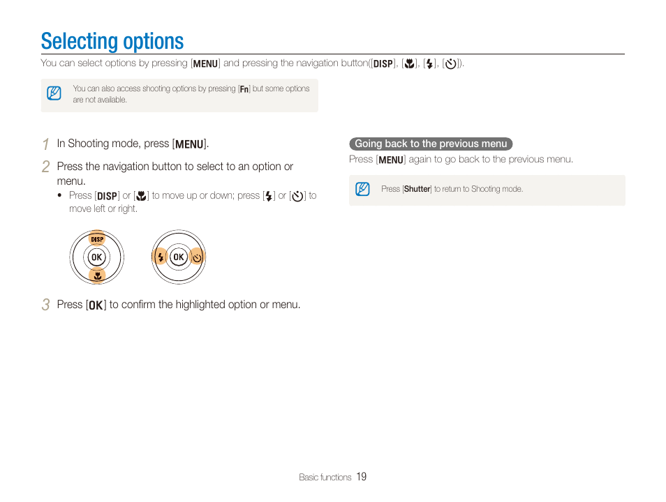 Selecting options, Selecting options …………………………………………19 | Samsung WB600 User Manual | Page 20 / 109