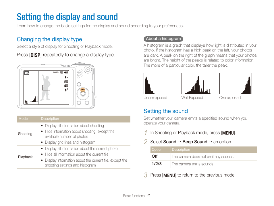 Setting the display and sound, Changing the display type, Setting the sound | Changing the display type setting the sound, Setting the display and sound ……………………………21, Changing the display type…………………………………… 21, Setting the sound …………………………………………… 21 | Samsung WB600 User Manual | Page 22 / 109