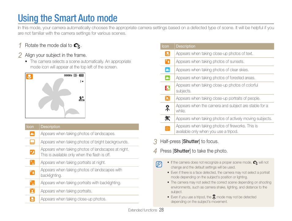 Using the smart auto mode, Using the smart auto mode ……………………………28 | Samsung WB600 User Manual | Page 29 / 109