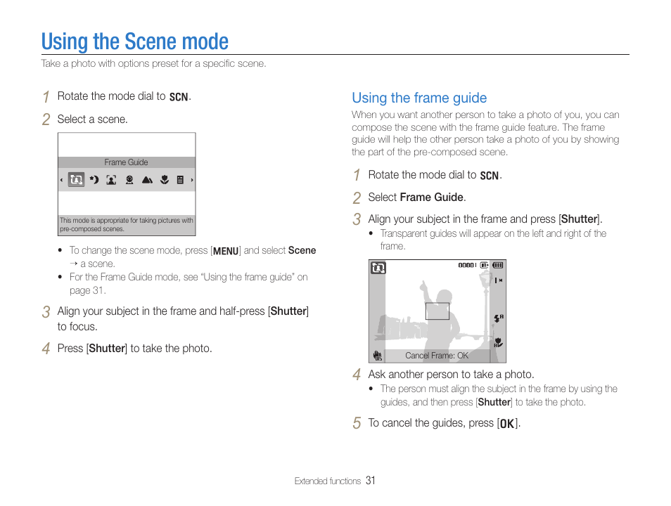 Using the scene mode, Using the frame guide, Using the scene mode ……………………………………31 | Using the frame guide ……………………………………… 31 | Samsung WB600 User Manual | Page 32 / 109