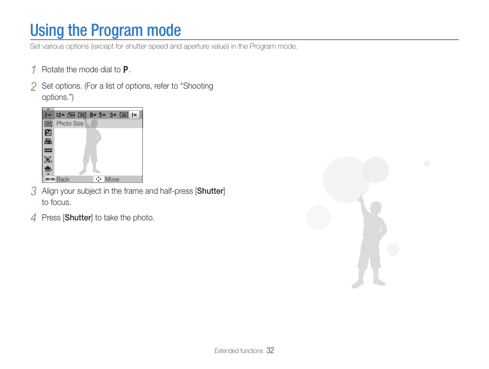 Using the program mode, Using the program mode …………………………………32 | Samsung WB600 User Manual | Page 33 / 109