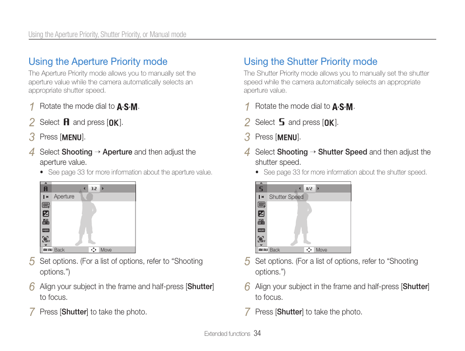 Using the aperture priority mode, Using the shutter priority mode, Using the aperture priority mode ………………………… 34 | Using the shutter priority mode …………………………… 34 | Samsung WB600 User Manual | Page 35 / 109