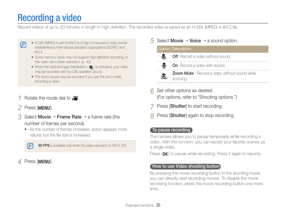 Recording a video, Recording a video …………………………………………36 | Samsung WB600 User Manual | Page 37 / 109