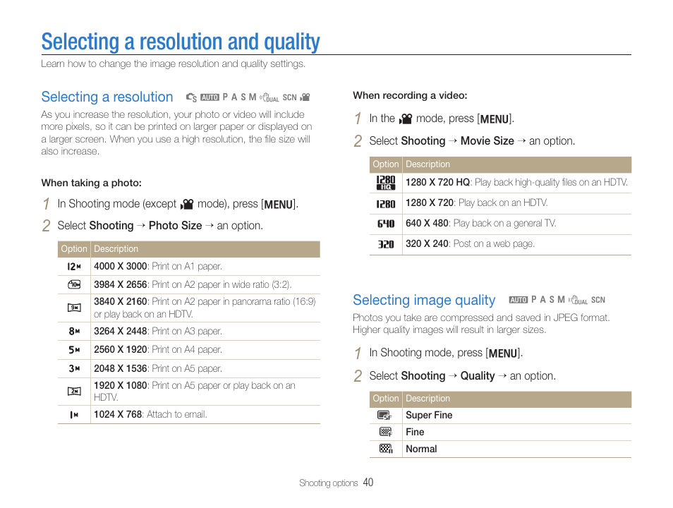 Selecting a resolution and quality, Selecting a resolution, Selecting image quality | Selecting a resolution selecting image quality | Samsung WB600 User Manual | Page 41 / 109