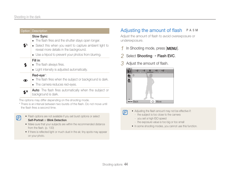 Adjusting the amount of flash, Adjusting the amount of ﬂash | Samsung WB600 User Manual | Page 45 / 109