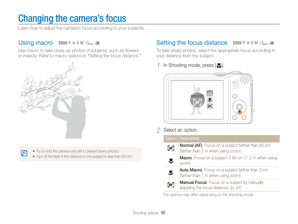 Changing the camera’s focus, Using macro, Setting the focus distance | Using macro setting the focus distance | Samsung WB600 User Manual | Page 47 / 109