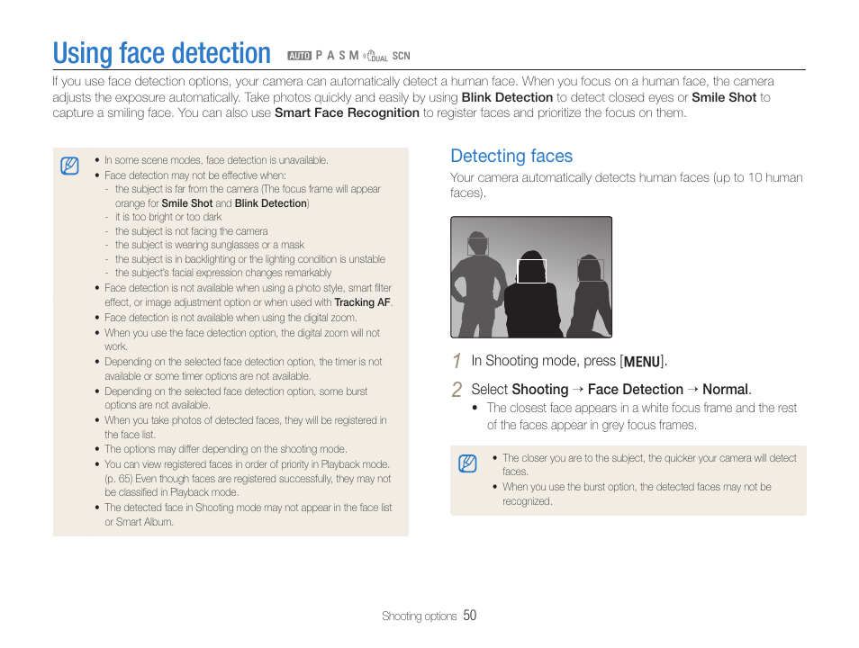 Using face detection, Detecting faces | Samsung WB600 User Manual | Page 51 / 109