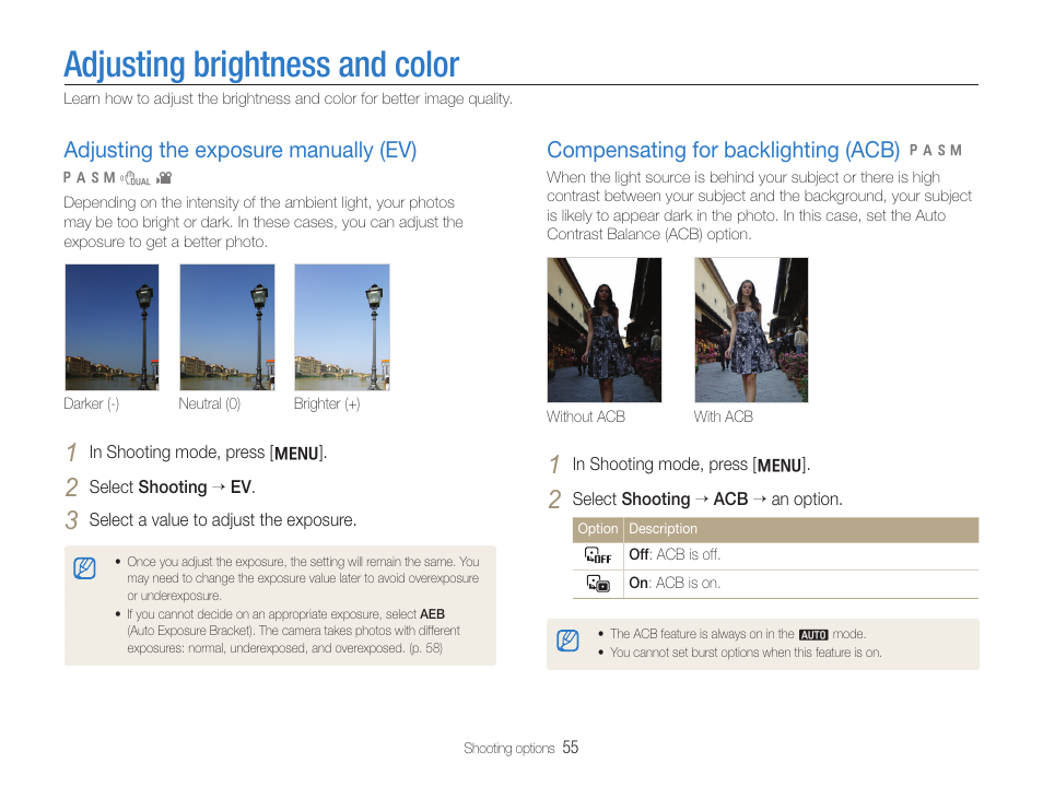 Adjusting brightness and color, Adjusting the exposure manually (ev), Compensating for backlighting (acb) | Samsung WB600 User Manual | Page 56 / 109