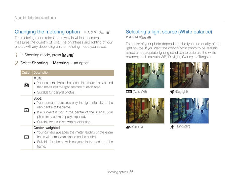 Changing the metering option, Selecting a light source (white balance) | Samsung WB600 User Manual | Page 57 / 109