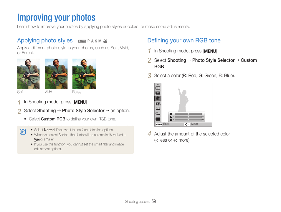 Improving your photos, Applying photo styles, Defining your own rgb tone | Applying photo styles deﬁning your own rgb tone, Deﬁning your own rgb tone | Samsung WB600 User Manual | Page 60 / 109