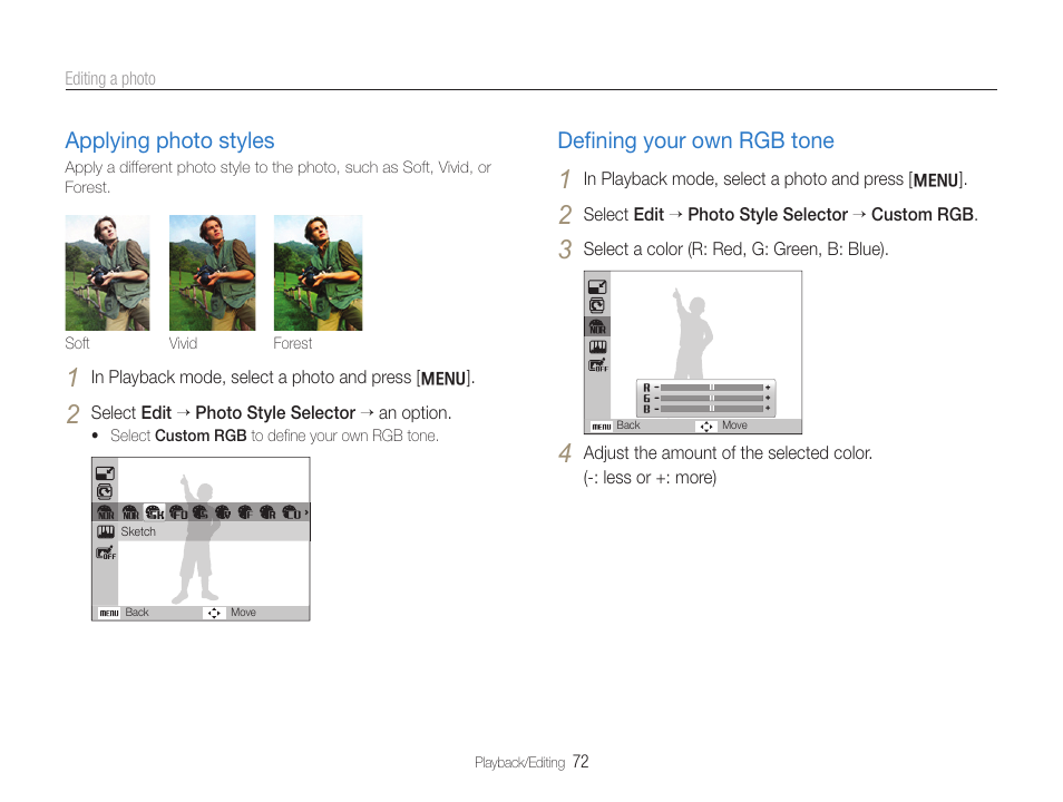 Applying photo styles, Defining your own rgb tone, Applying photo styles deﬁning your own rgb tone | Deﬁning your own rgb tone | Samsung WB600 User Manual | Page 73 / 109