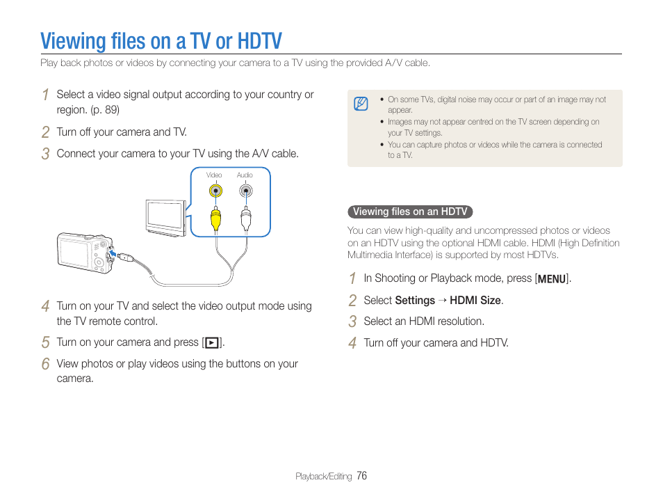 Viewing files on a tv or hdtv, Viewing ﬁles on a tv or hdtv | Samsung WB600 User Manual | Page 77 / 109