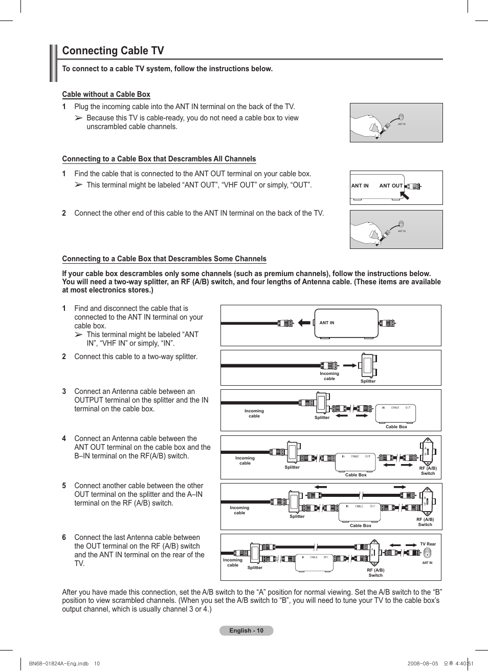 Connecting cable tv | Samsung BN68-01824A-00 User Manual | Page 10 / 230