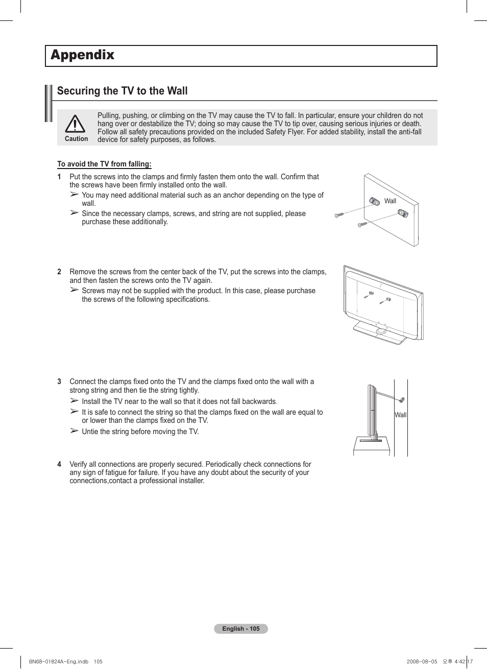 Appendix, Securing the tv to the wall, 경고 주의 경고 주의 | Samsung BN68-01824A-00 User Manual | Page 105 / 230